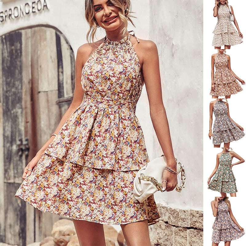 Ericka Summer Floral Halter Dress with Ruffle Details and Backless Design