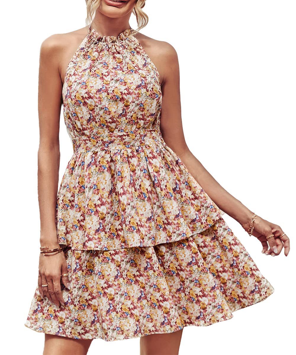 Ericka Summer Floral Halter Dress with Ruffle Details and Backless Design