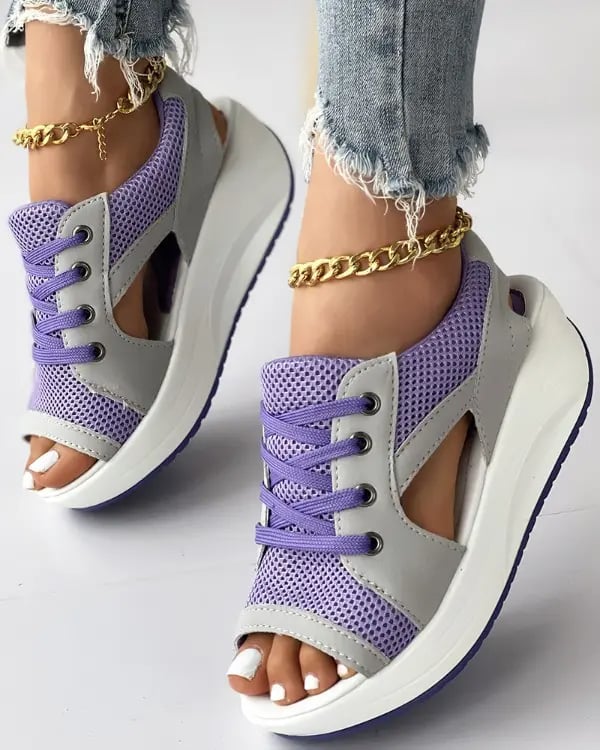 Women Contrast Paneled Cutout Lace-up Muffin Sandals